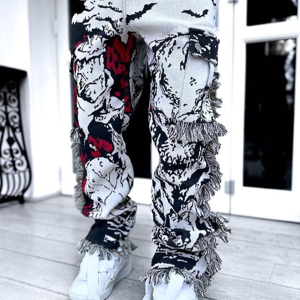 Guapi Men's Fringed Cargo Pants in Black, White, and Red (super rear!)
